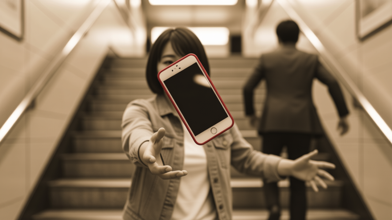 駅の階段でiPhoneを落とすシーン